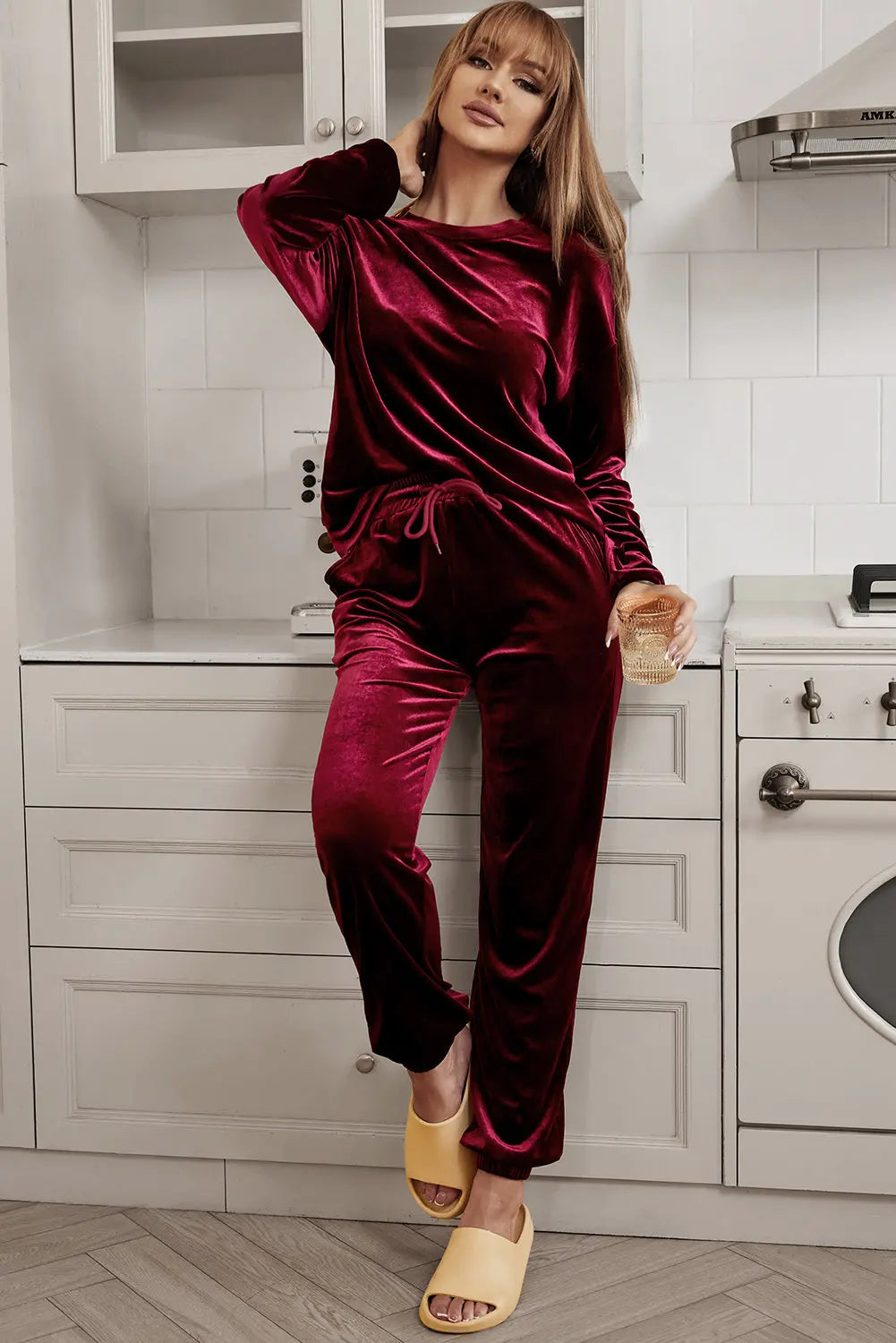 Fiery Red Solid Velvet Two Piece Lounge Set eAura