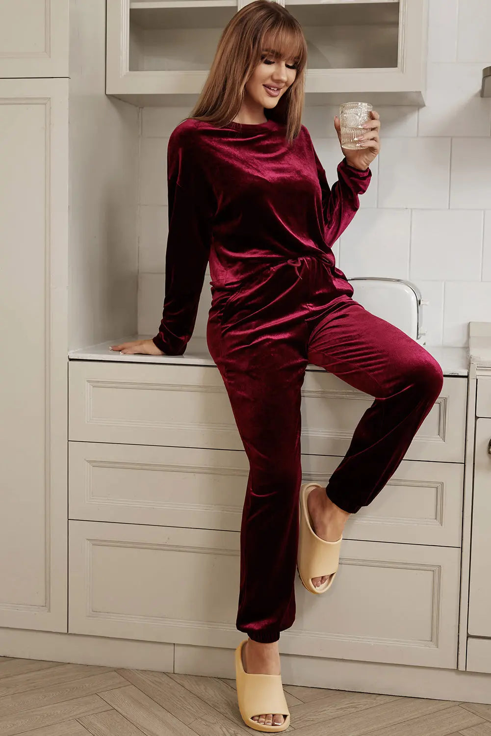 Fiery Red Solid Velvet Two Piece Lounge Set eAura