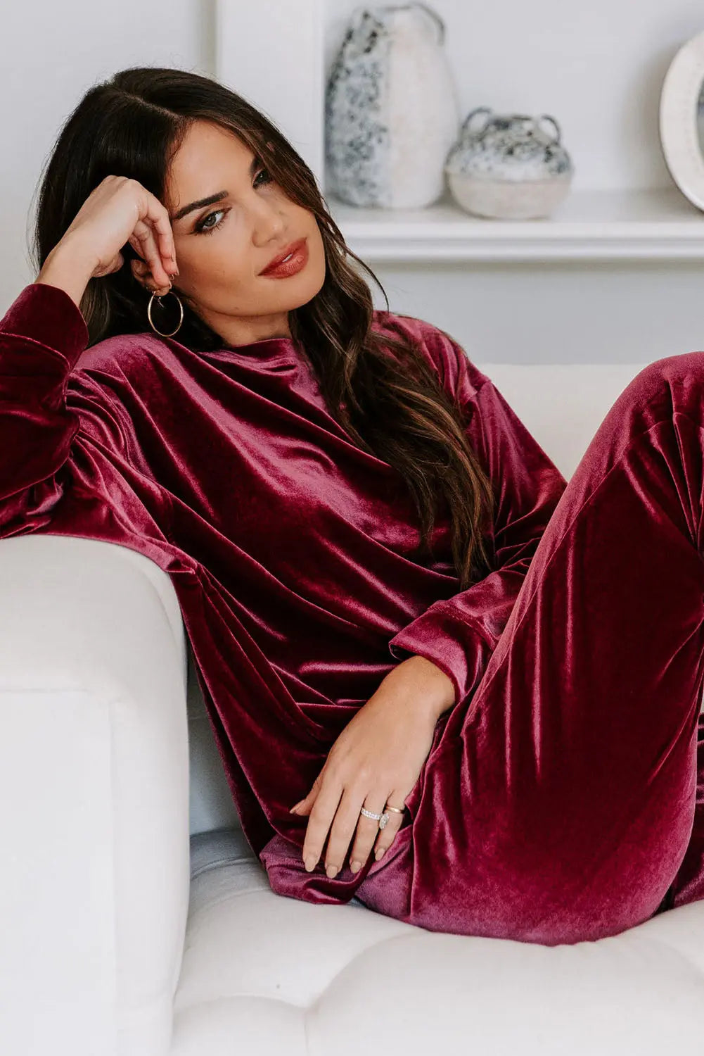 Fiery Red Solid Velvet Two Piece Lounge Set eAura