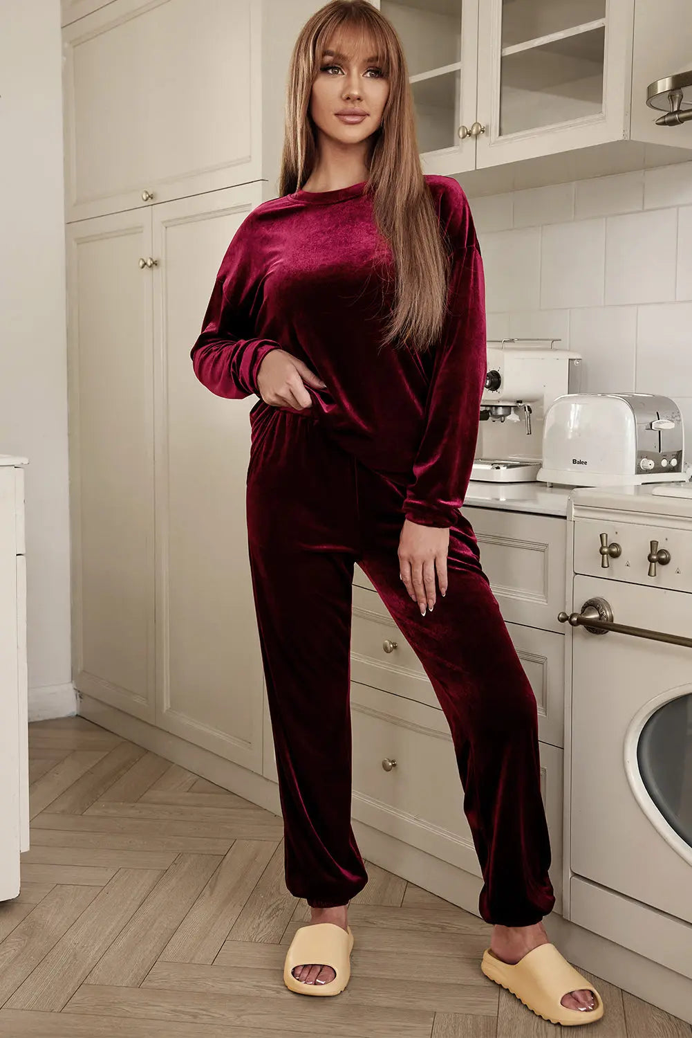 Fiery Red Solid Velvet Two Piece Lounge Set eAura