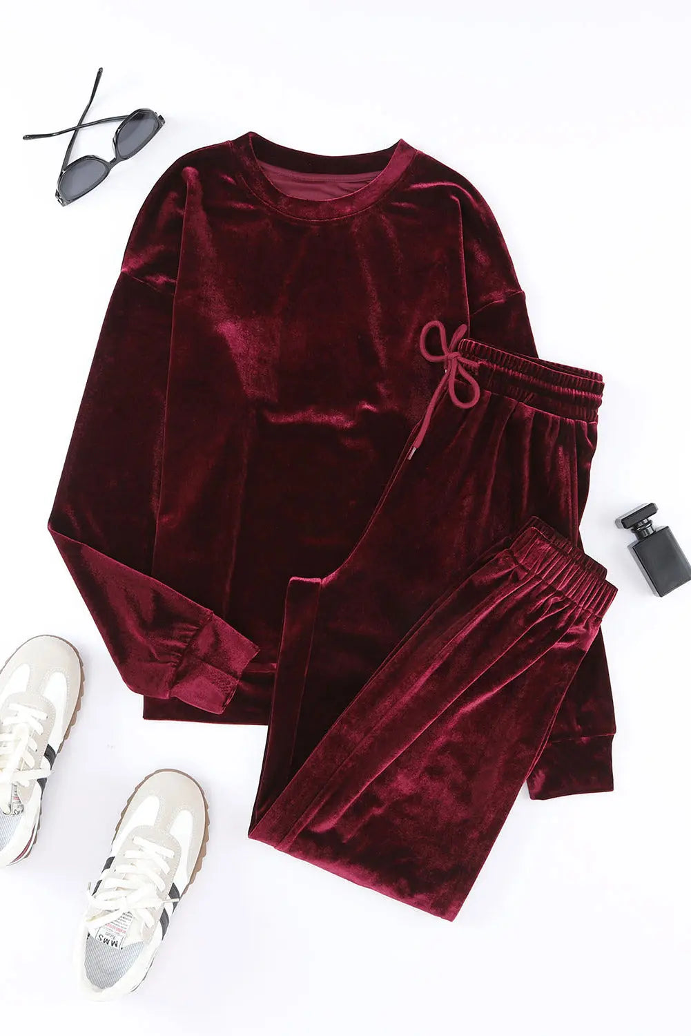 Fiery Red Solid Velvet Two Piece Lounge Set eAura