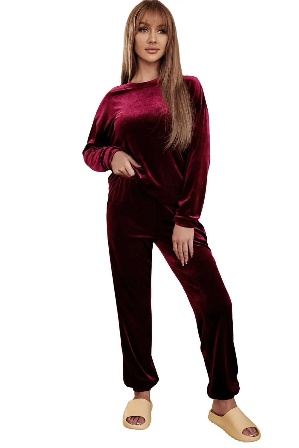 Fiery Red Solid Velvet Two Piece Lounge Set eAura