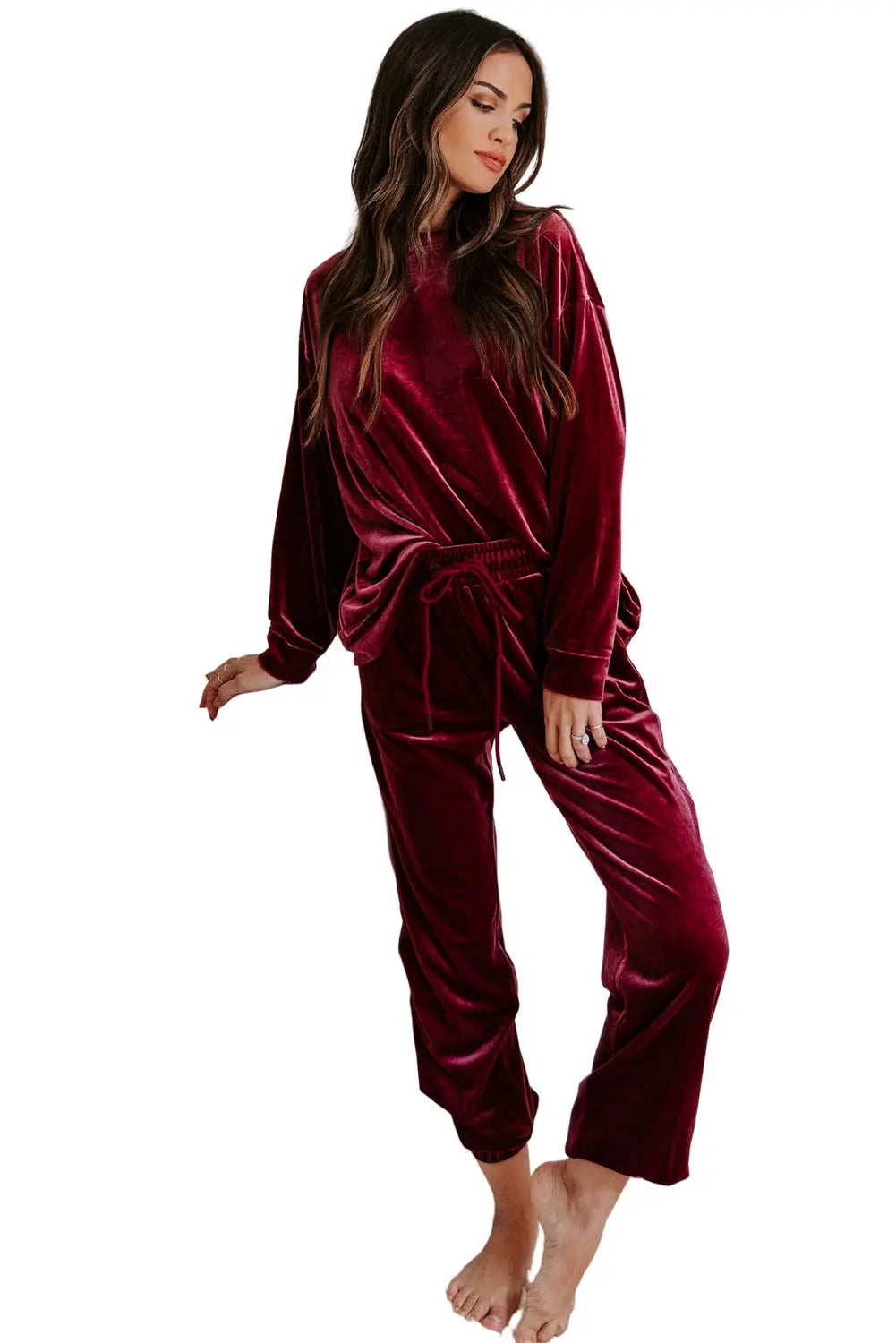 Fiery Red Solid Velvet Two Piece Lounge Set eAura