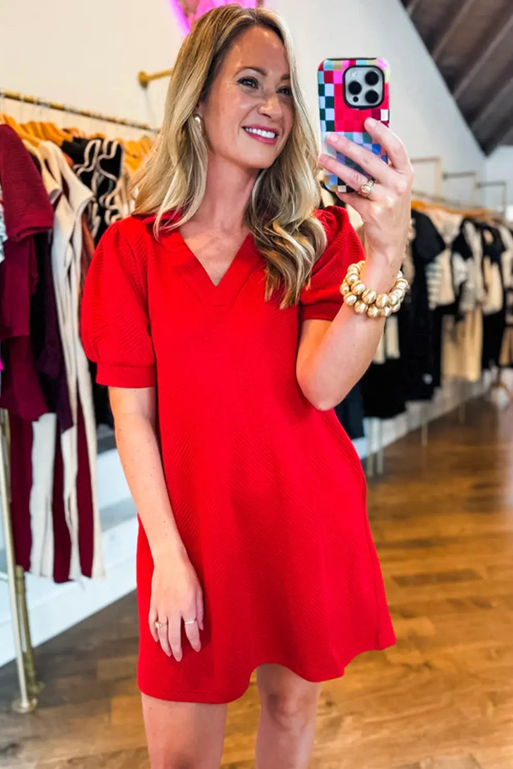 Fiery Red V Neck Puff Sleeve Textured Mini Dress - eAura
