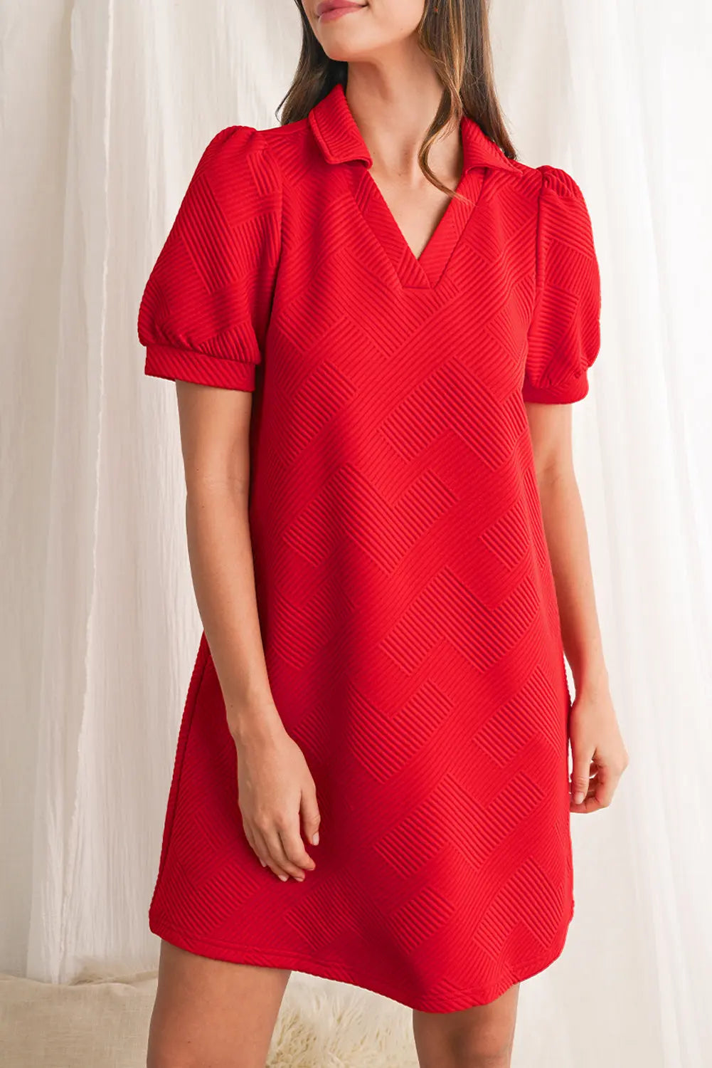 Fiery Red V Neck Puff Sleeve Textured Mini Dress - eAura