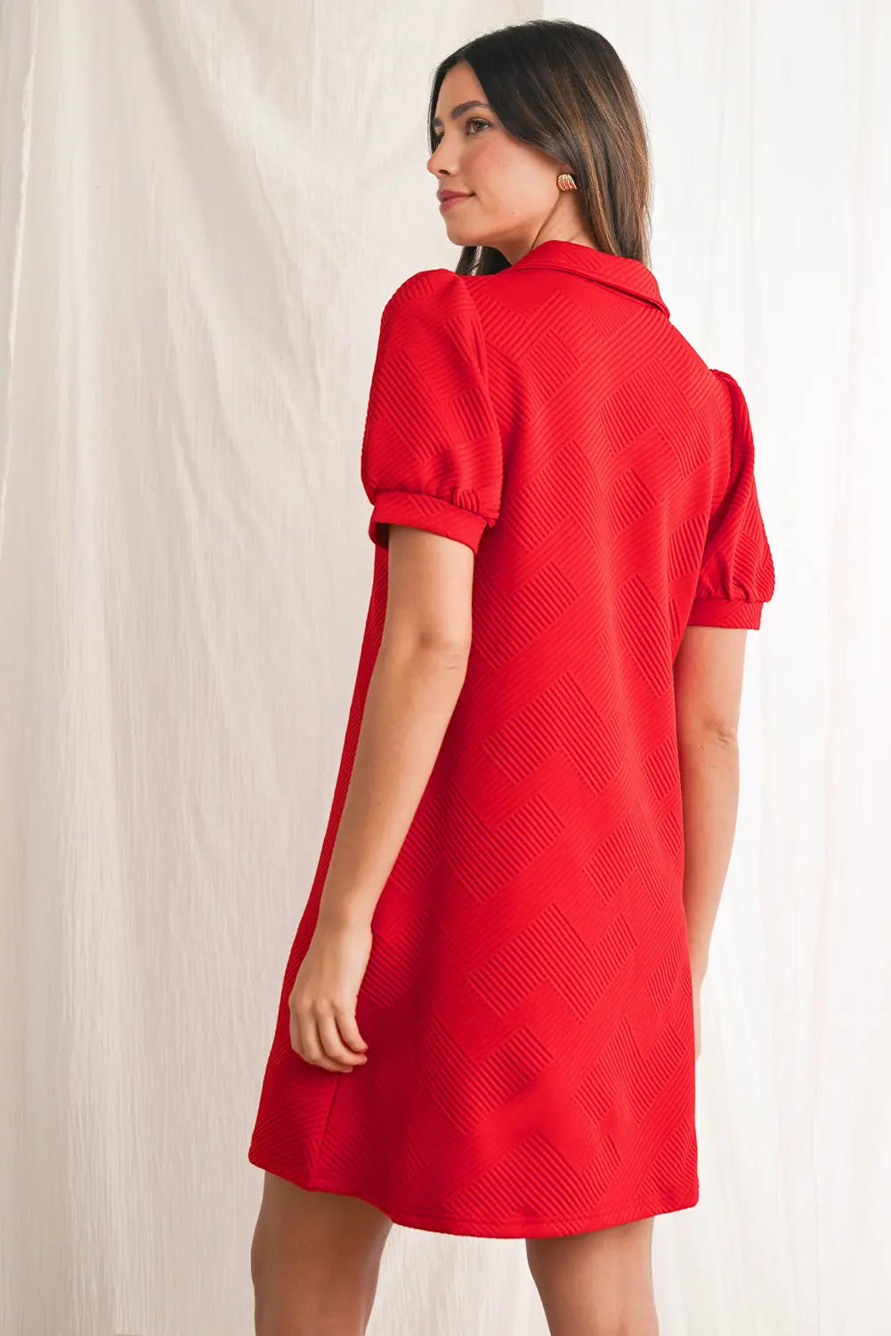 Fiery Red V Neck Puff Sleeve Textured Mini Dress - eAura