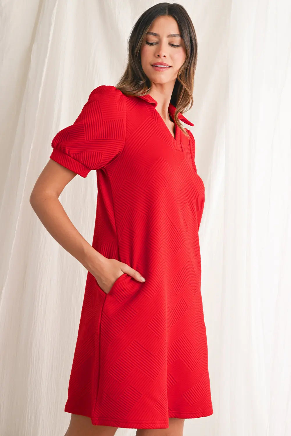Fiery Red V Neck Puff Sleeve Textured Mini Dress - eAura