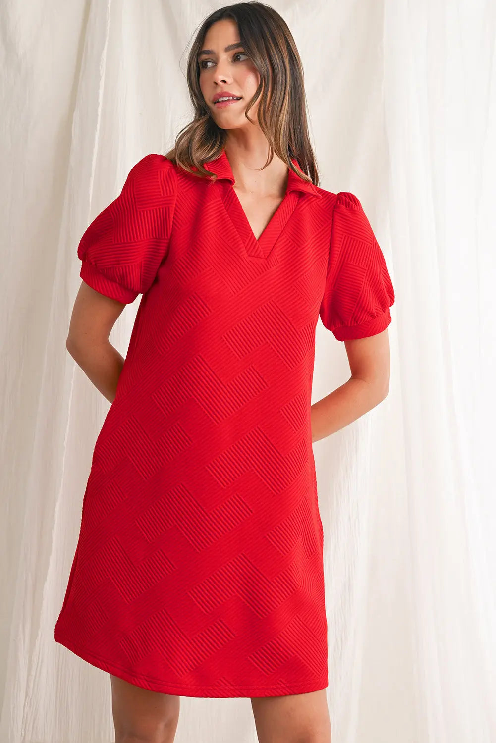Fiery Red V Neck Puff Sleeve Textured Mini Dress - eAura