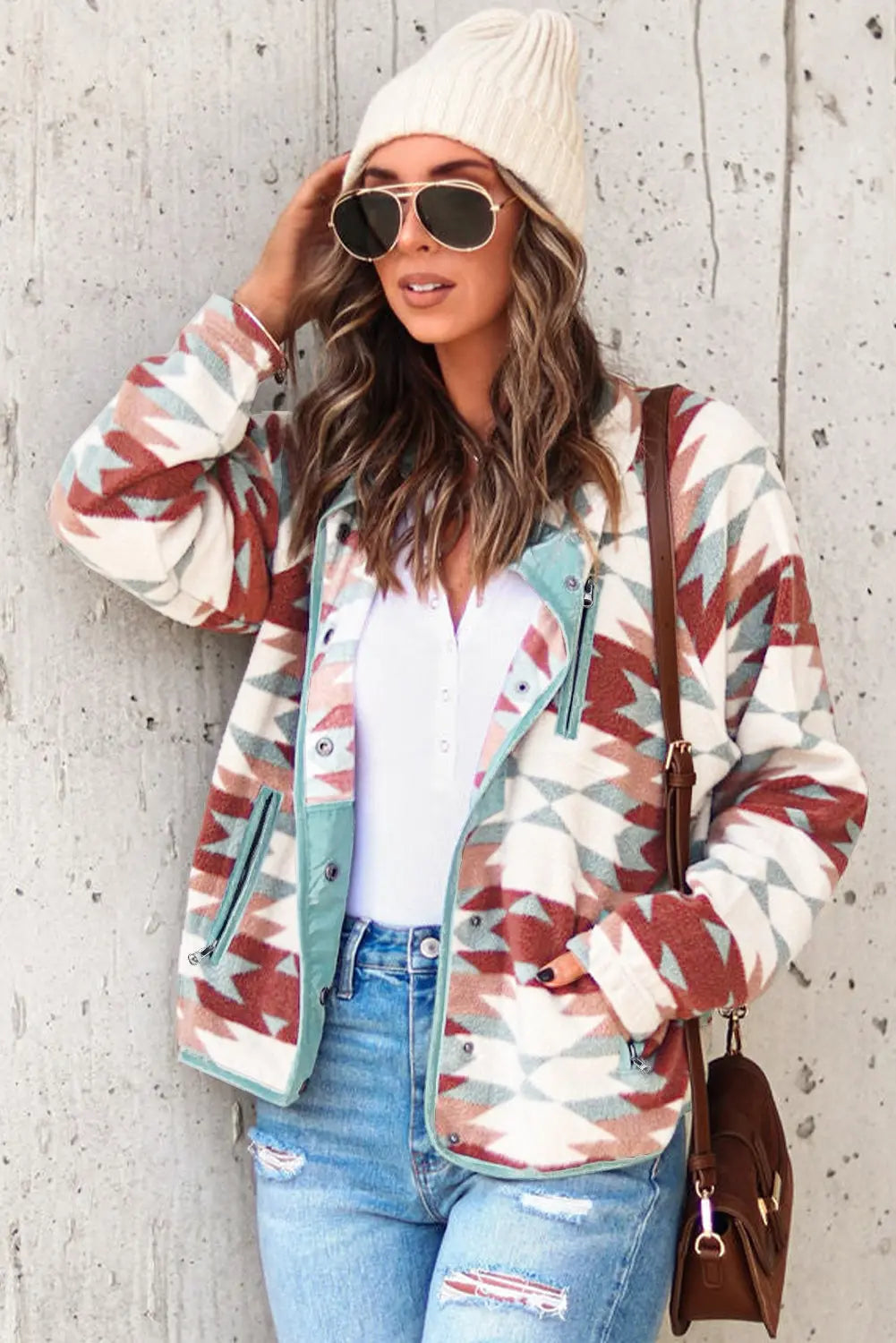 Fiery Red Western Aztec Buttoned Zipper Pockets Fleece Jacket - eAura