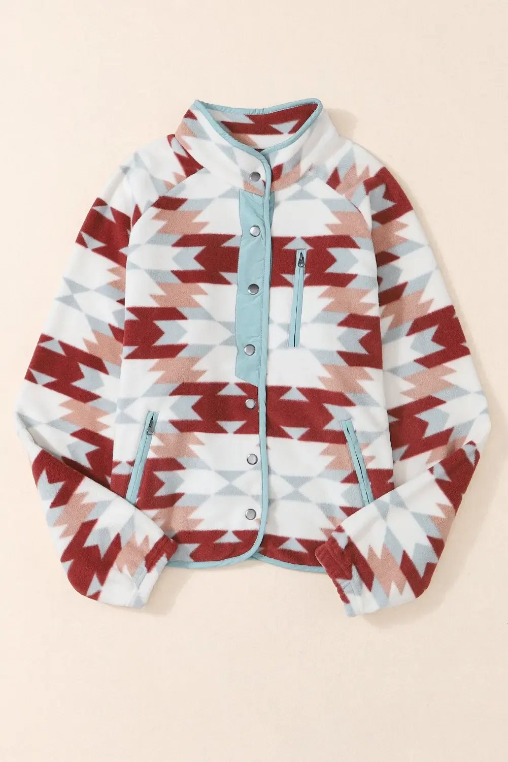 Fiery Western Aztec Buttoned Zipper Pockets Fleece Jacket