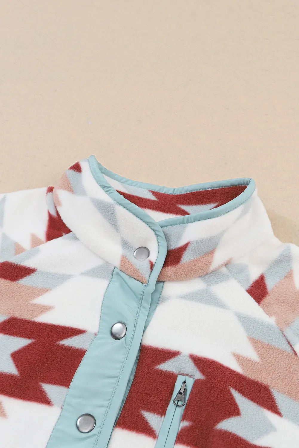 Fiery Red Western Aztec Buttoned Zipper Pockets Fleece Jacket - eAura