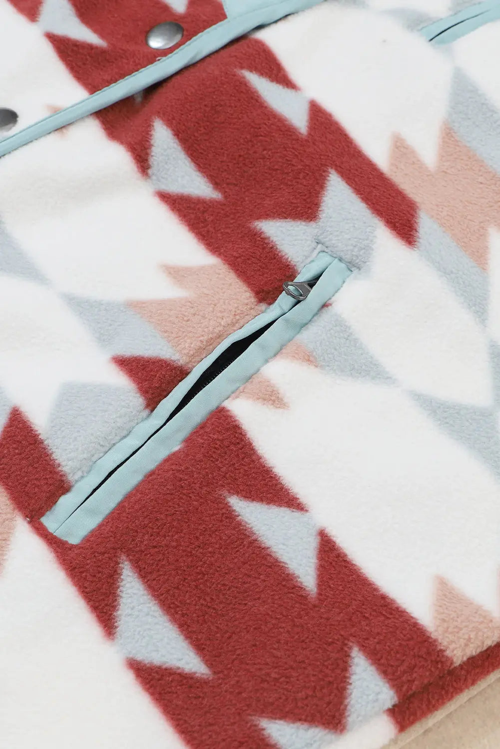 Fiery Red Western Aztec Buttoned Zipper Pockets Fleece Jacket - eAura