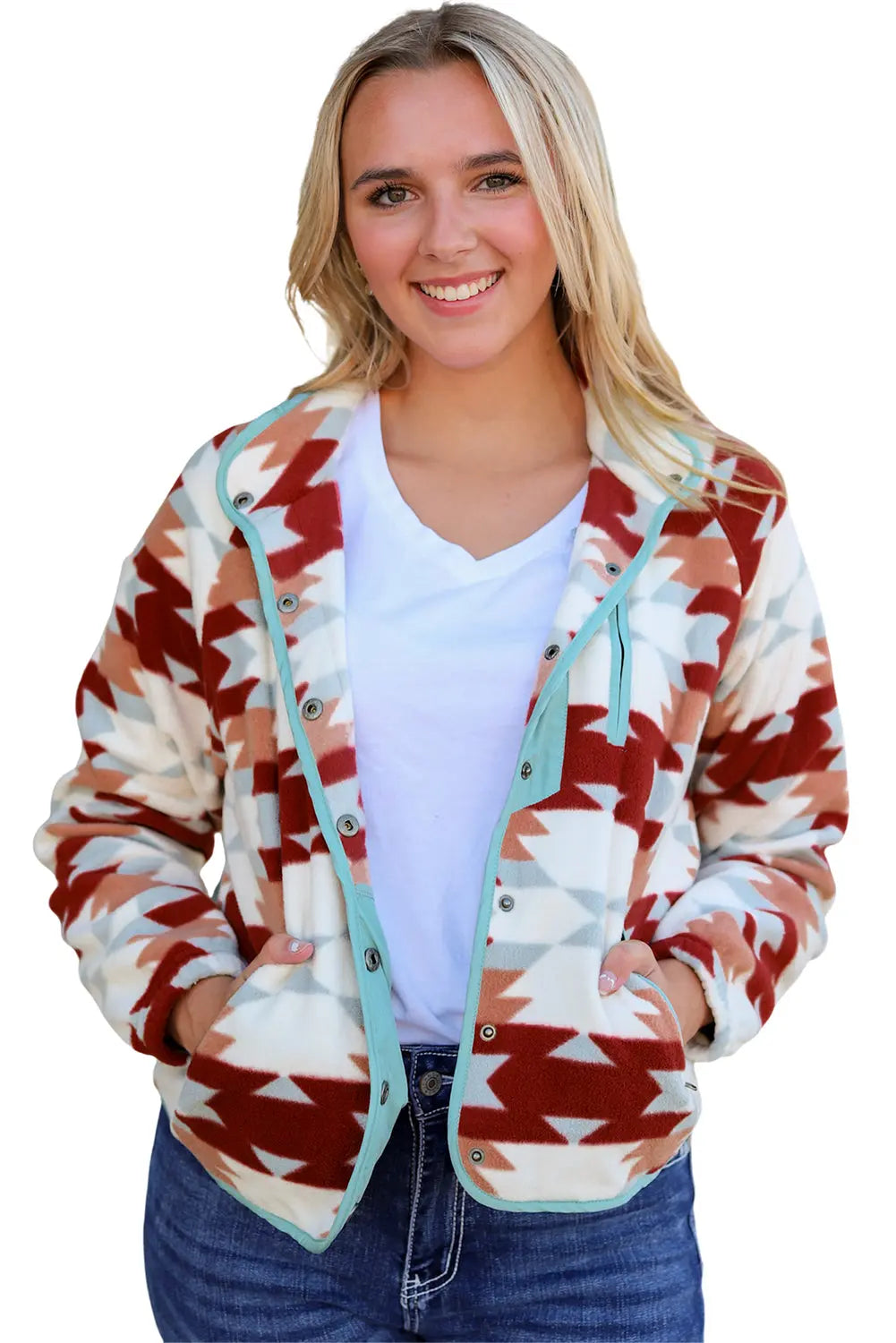 Fiery Red Western Aztec Buttoned Zipper Pockets Fleece Jacket - eAura