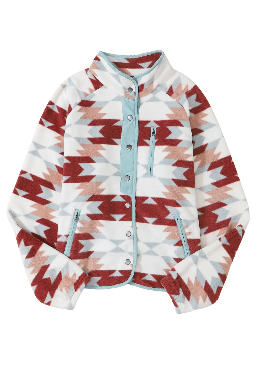 Fiery Red Western Aztec Buttoned Zipper Pockets Fleece Jacket - eAura