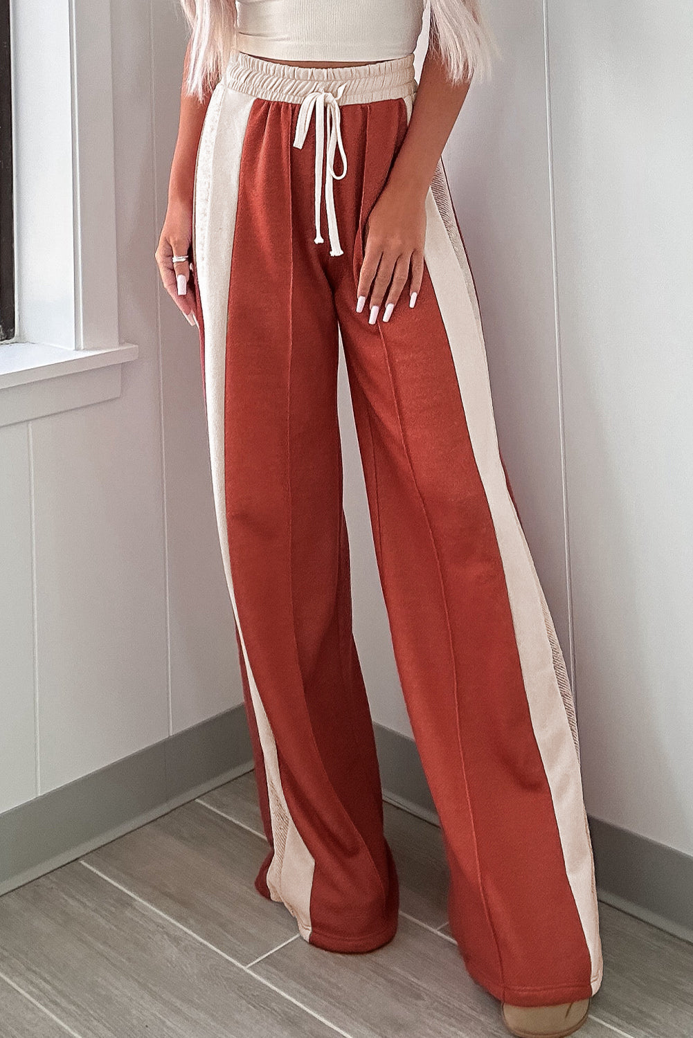 Flamingo Colour Block Drawstring High Waist Wide Leg Trousers - Bottoms/Wide