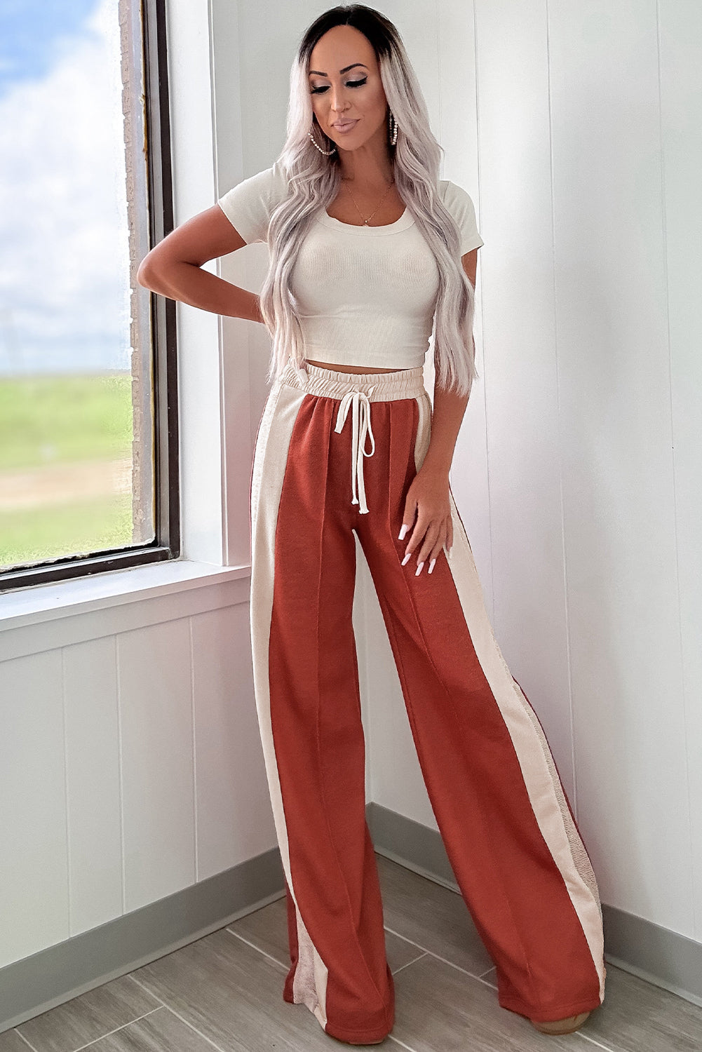 Flamingo Colour Block Drawstring High Waist Wide Leg Trousers - Bottoms/Wide