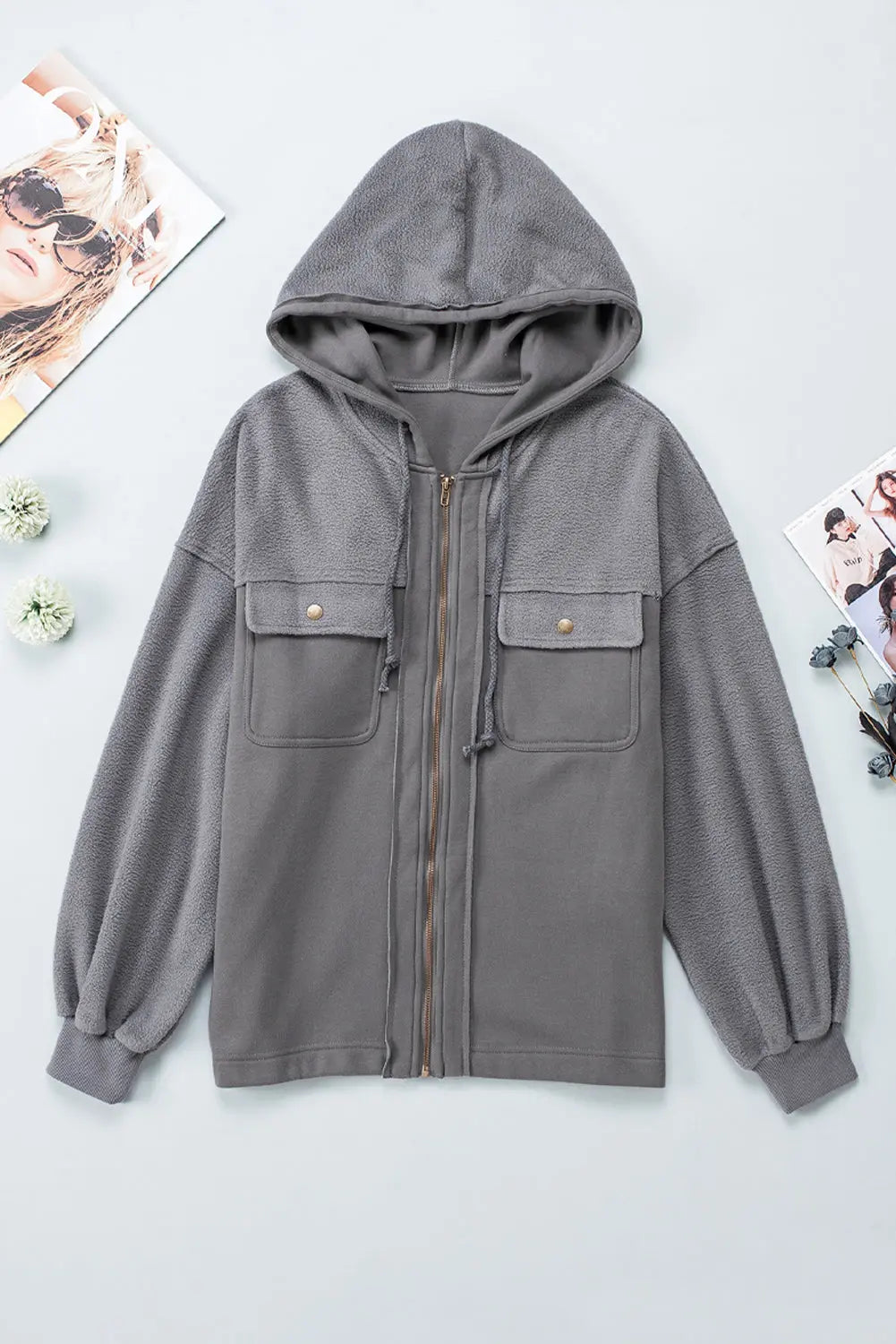 Flap Pocket Drawstring Hood Zip Up Jacket - eAura
