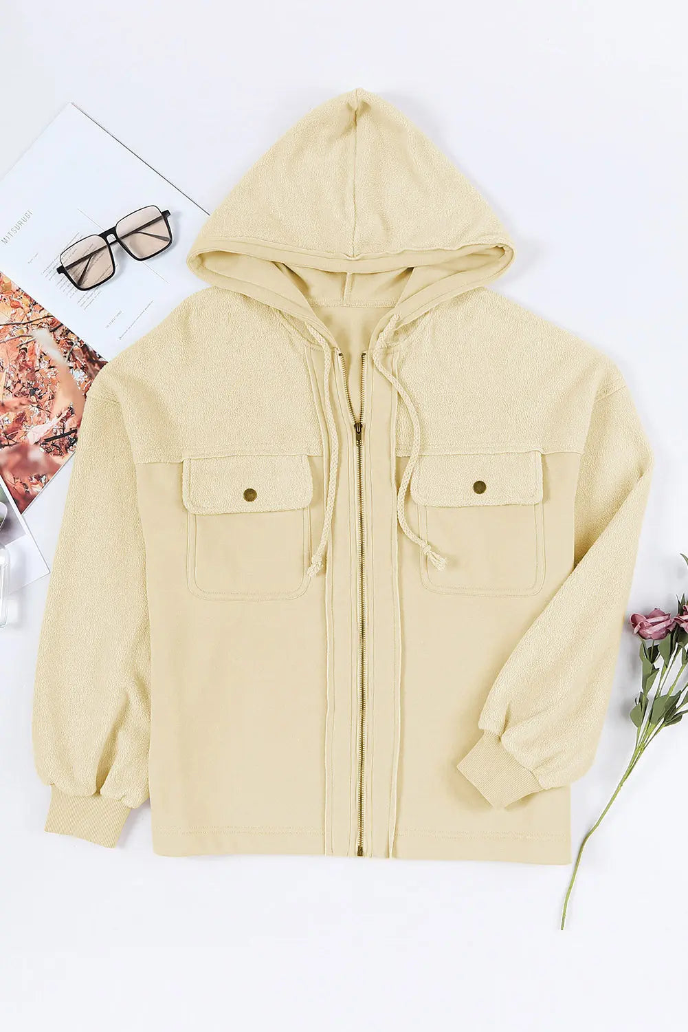 Flap Pocket Drawstring Hood Zip Up Jacket - eAura