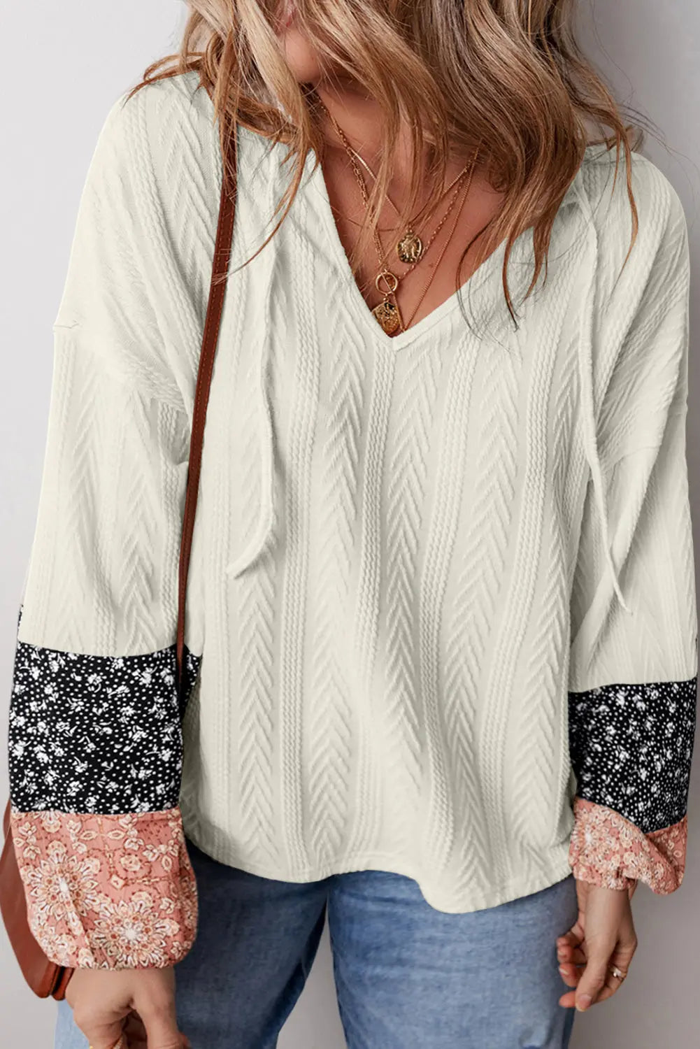 Floral Patchwork Textured Knit Drawstring V Neck Blouse - eAura