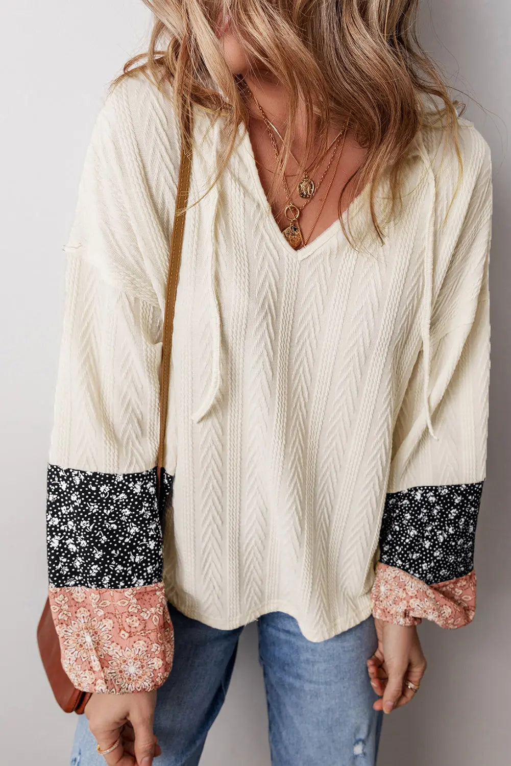 Floral Patchwork Textured Knit Drawstring V-Neck Long Sleeve Top - eAura