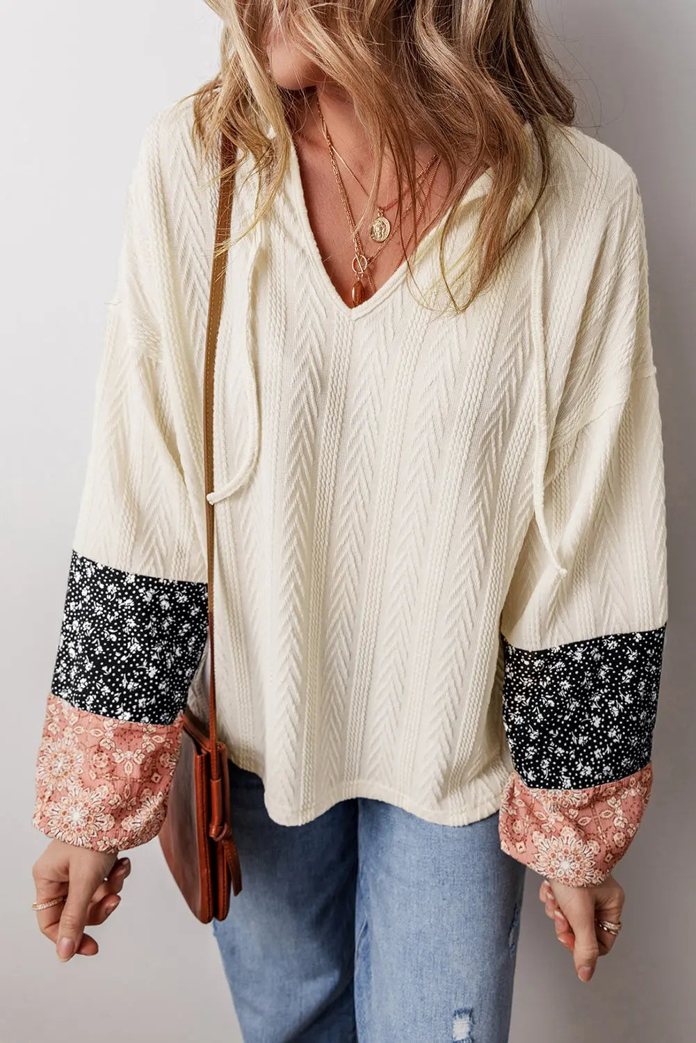 Floral Patchwork Textured Knit Drawstring V-Neck Long Sleeve Top - eAura