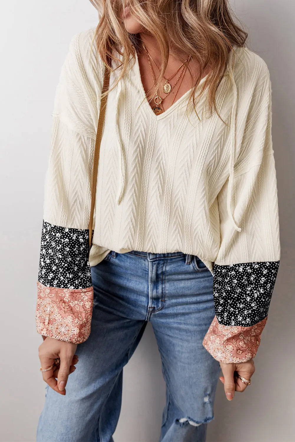 Floral Patchwork Textured Knit Drawstring V-Neck Long Sleeve Top - eAura