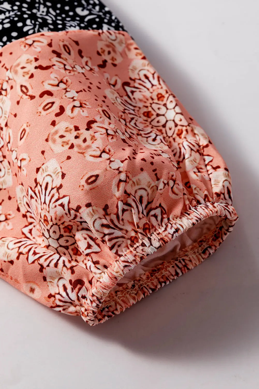 Floral Patchwork Textured Knit Drawstring V-Neck Long Sleeve Top - eAura