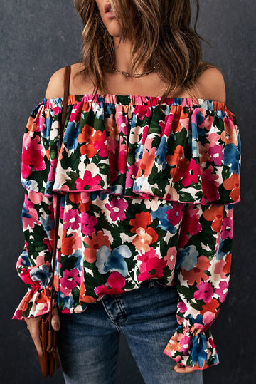 Floral Print Ruffled Off Shoulder Blouse - eAura