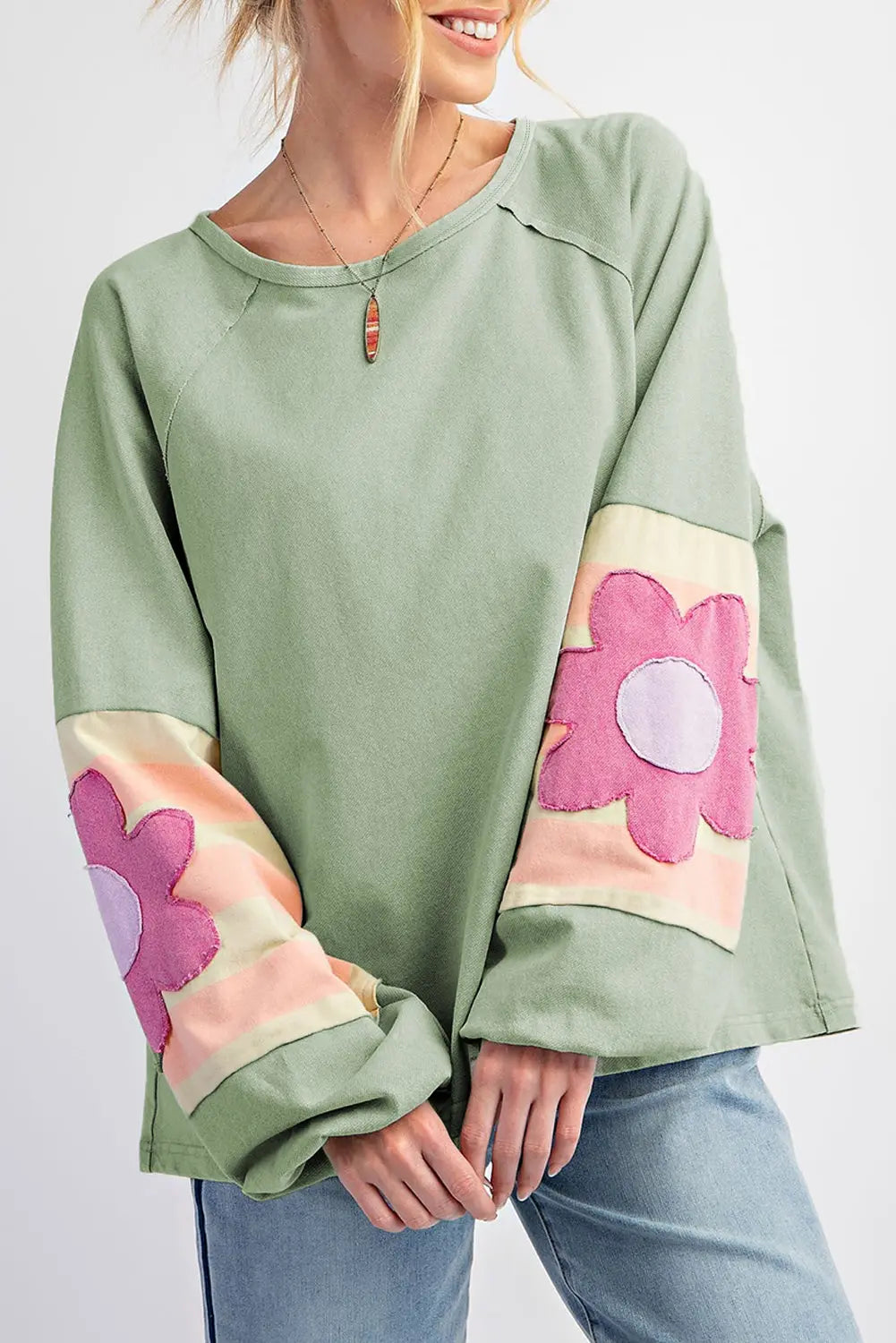 Flower Patchwork Raglan Sleeve Exposed Seam Oversized Top eAura