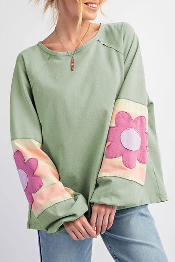 Flower Patchwork Raglan Sleeve Exposed Seam Oversized Top eAura