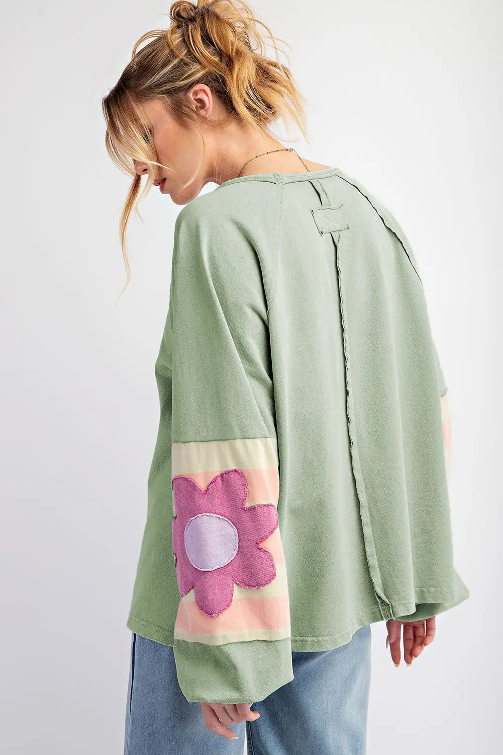 Flower Patchwork Raglan Sleeve Exposed Seam Oversized Top eAura