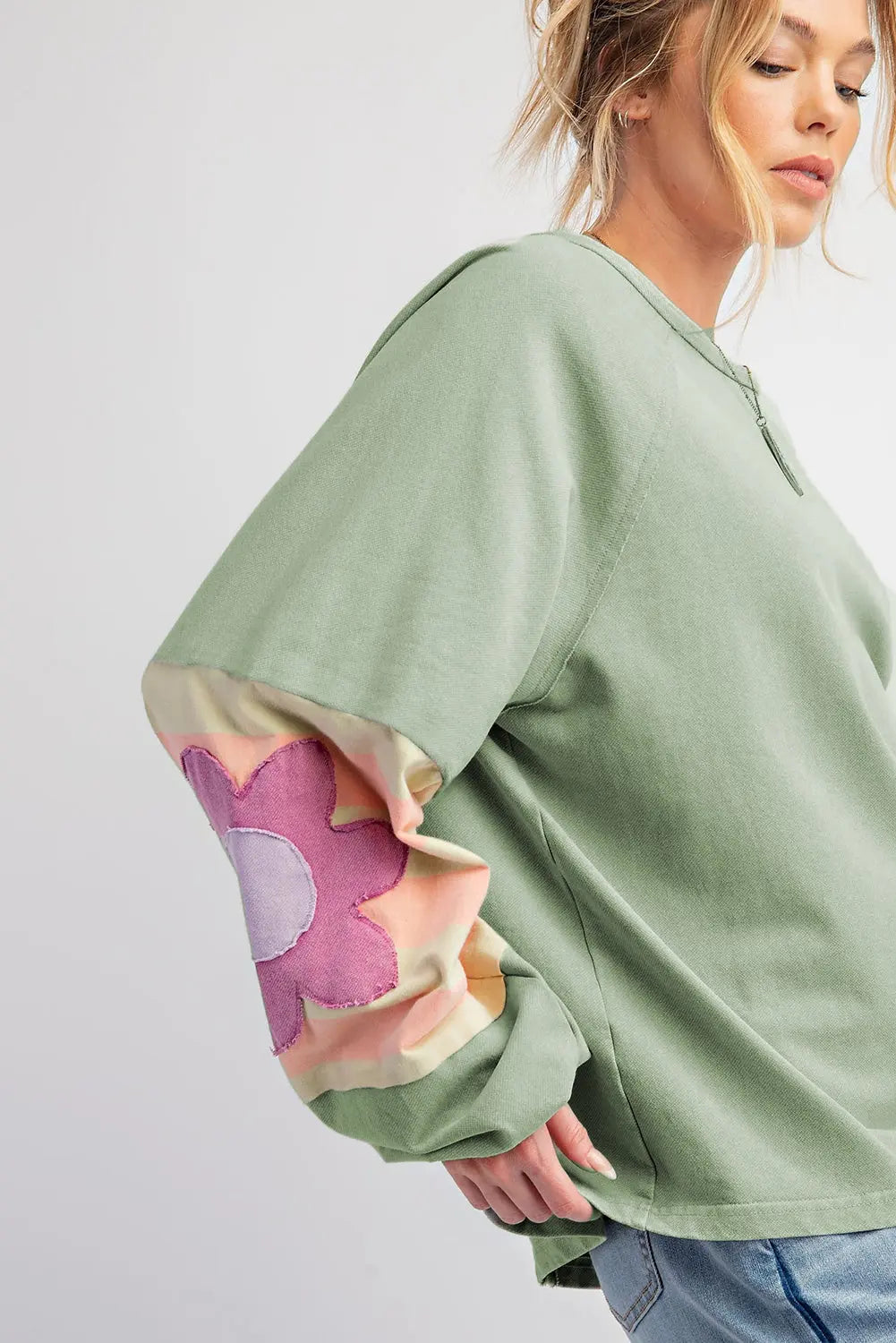 Flower Patchwork Raglan Sleeve Exposed Seam Oversized Top eAura