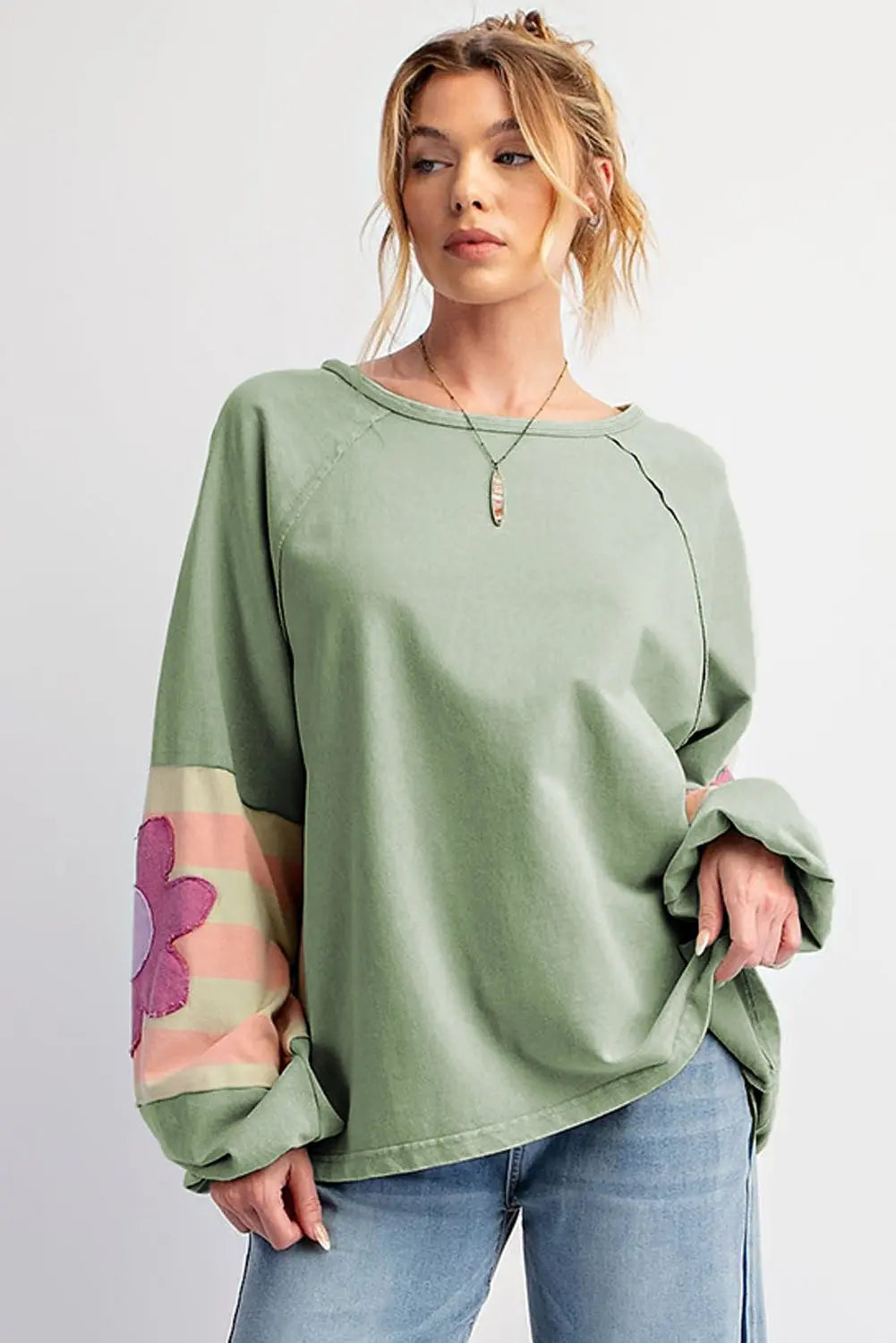 Flower Patchwork Raglan Sleeve Exposed Seam Oversized Top eAura