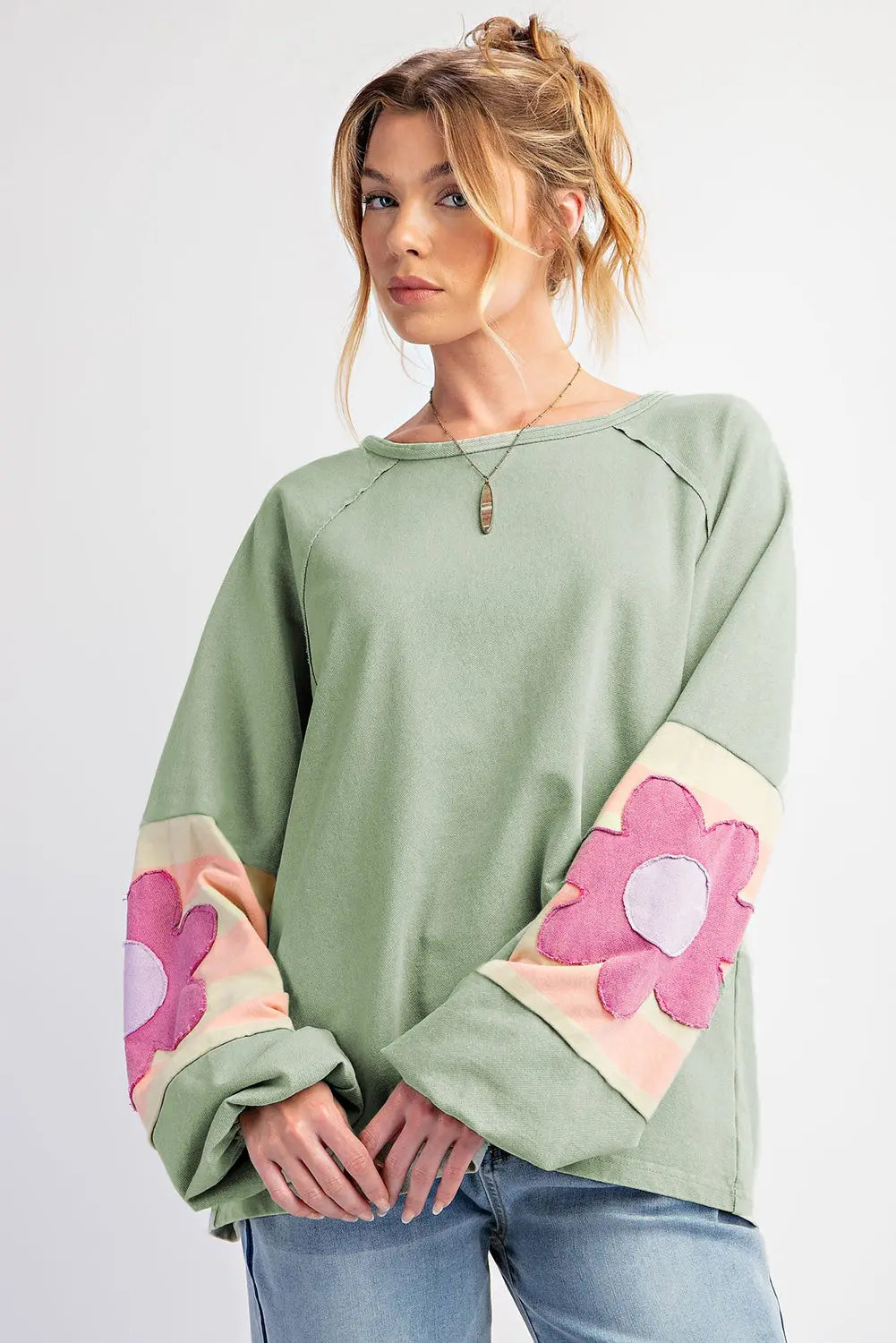 Flower Patchwork Raglan Sleeve Exposed Seam Oversized Top eAura