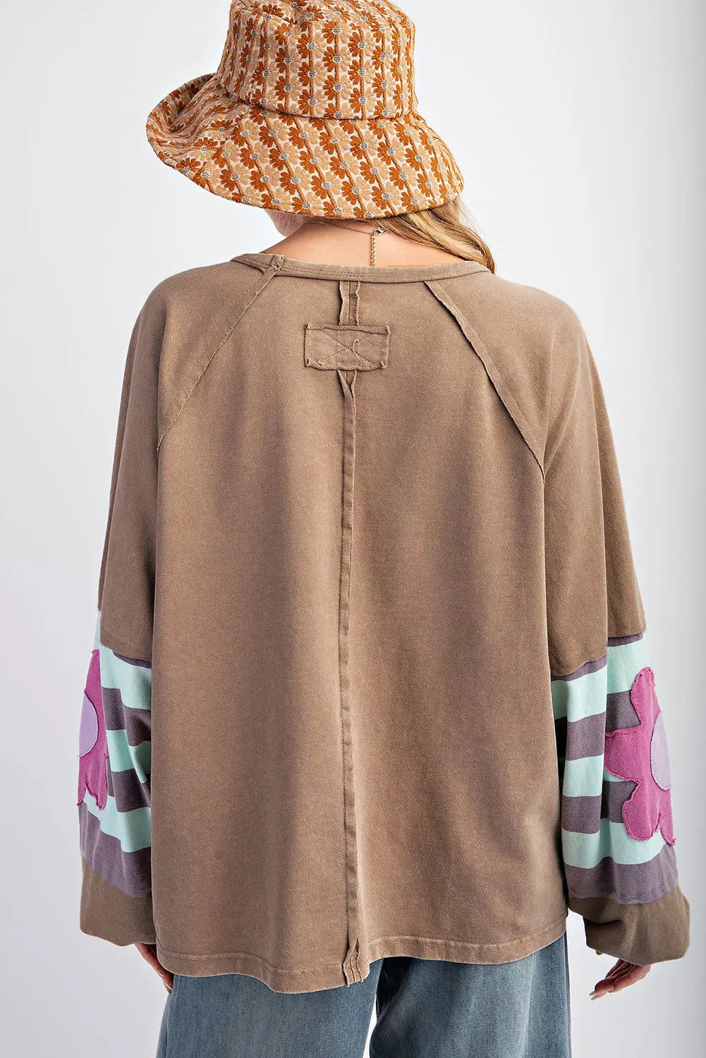 Flower Patchwork Raglan Sleeve Exposed Seam Oversized Top eAura