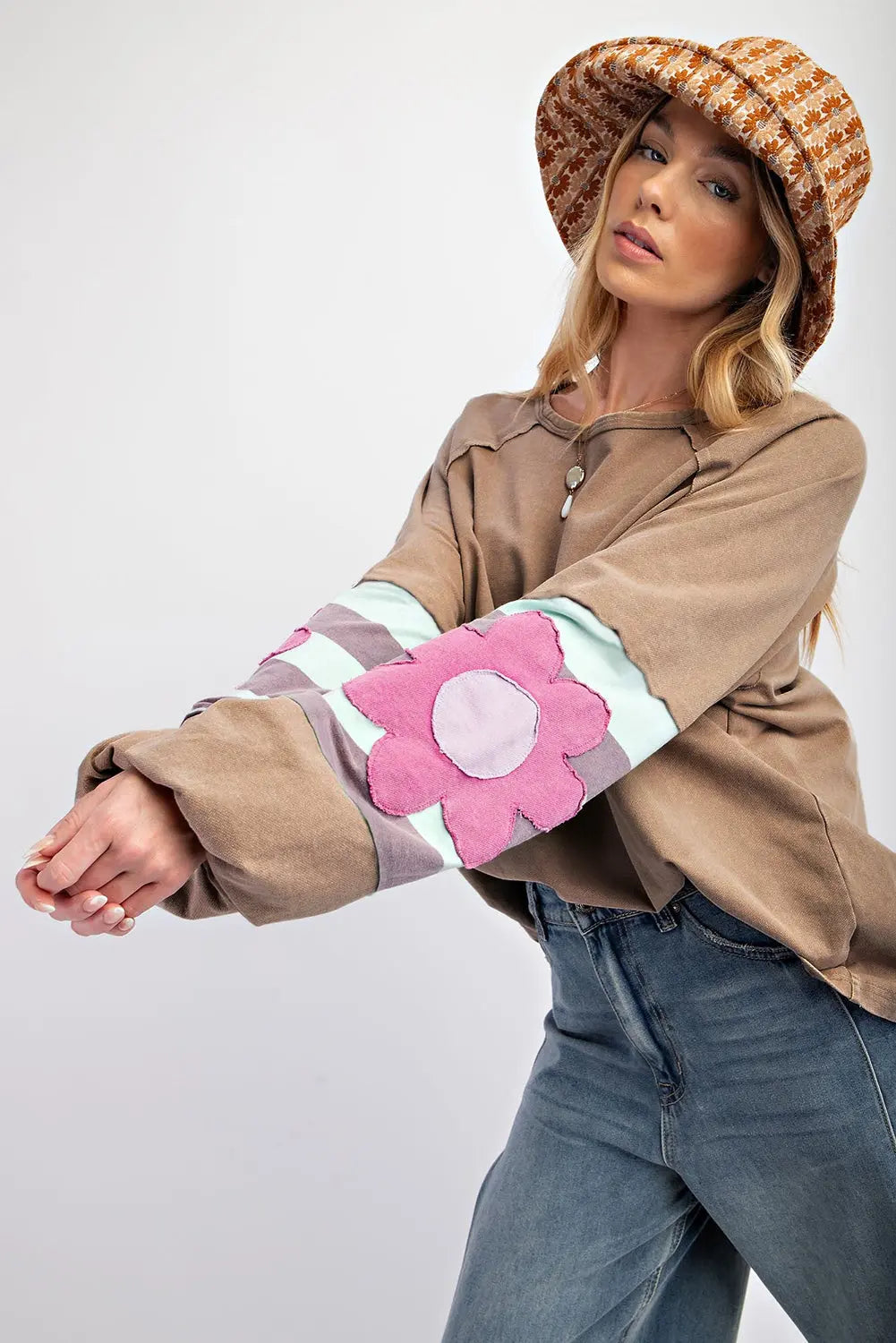 Flower Patchwork Raglan Sleeve Exposed Seam Oversized Top eAura