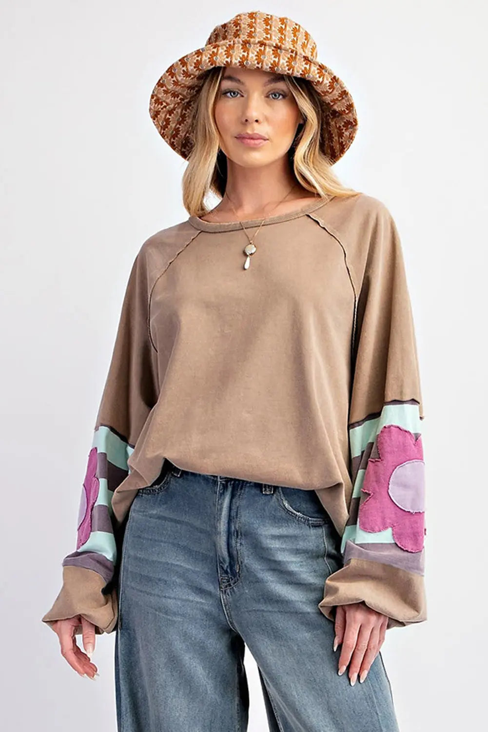 Flower Patchwork Raglan Sleeve Exposed Seam Oversized Top eAura