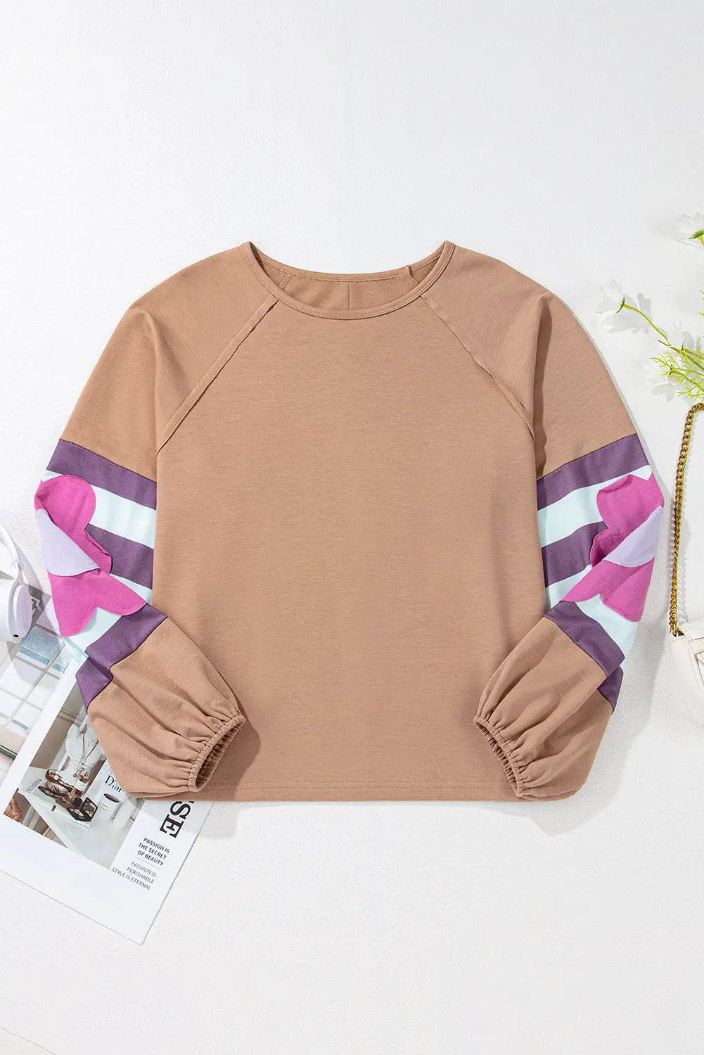 Flower Patchwork Raglan Sleeve Exposed Seam Oversized Top eAura