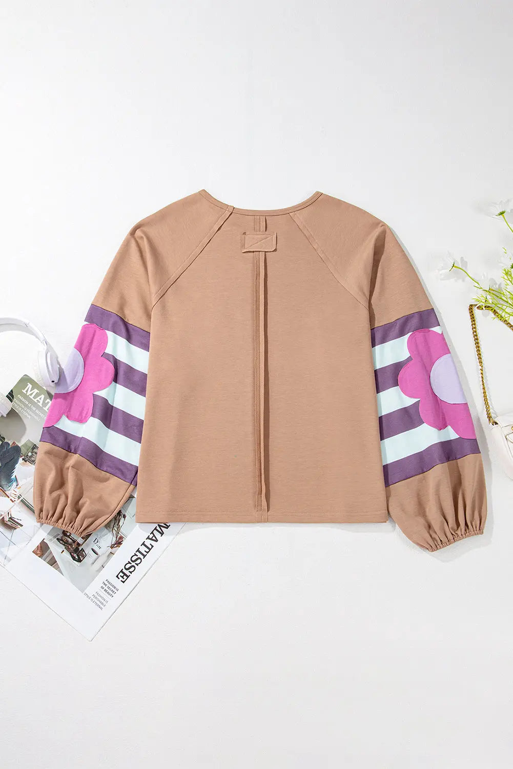 Flower Patchwork Raglan Sleeve Exposed Seam Oversized Top eAura