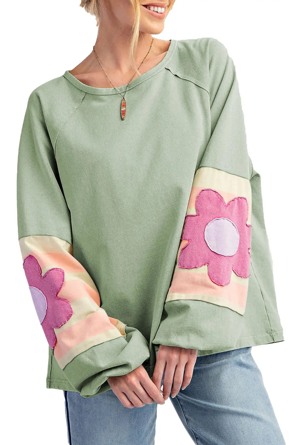 Flower Patchwork Raglan Sleeve Exposed Seam Oversized Top eAura