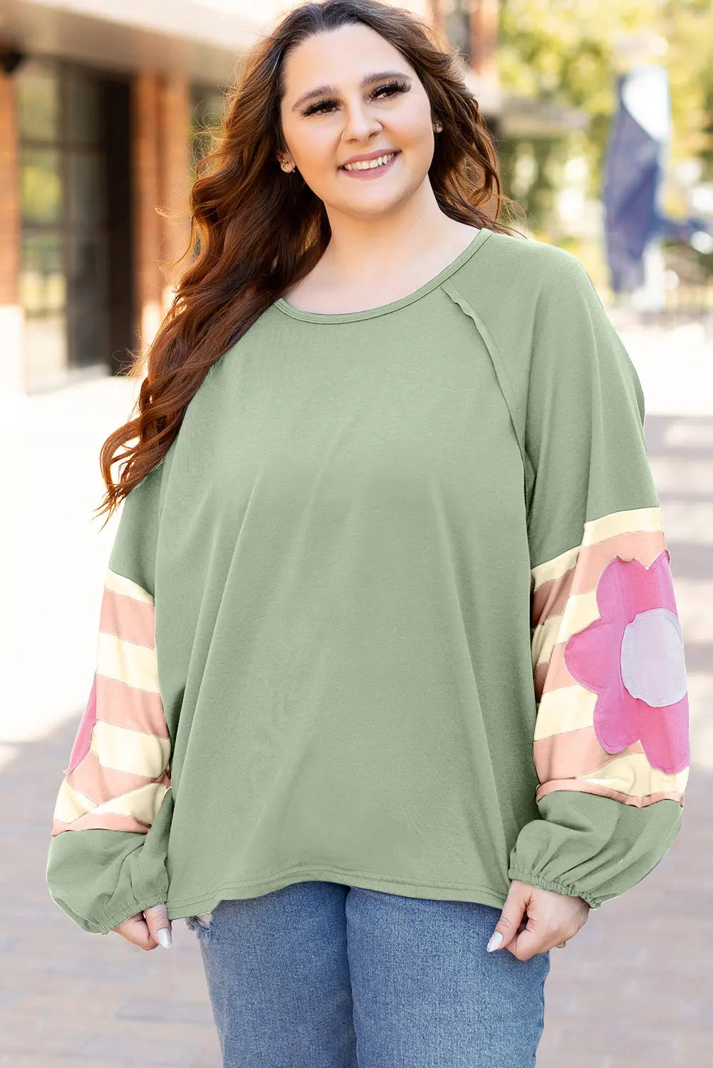 Flower Patchwork Raglan Sleeve Exposed Seam Oversized Top eAura