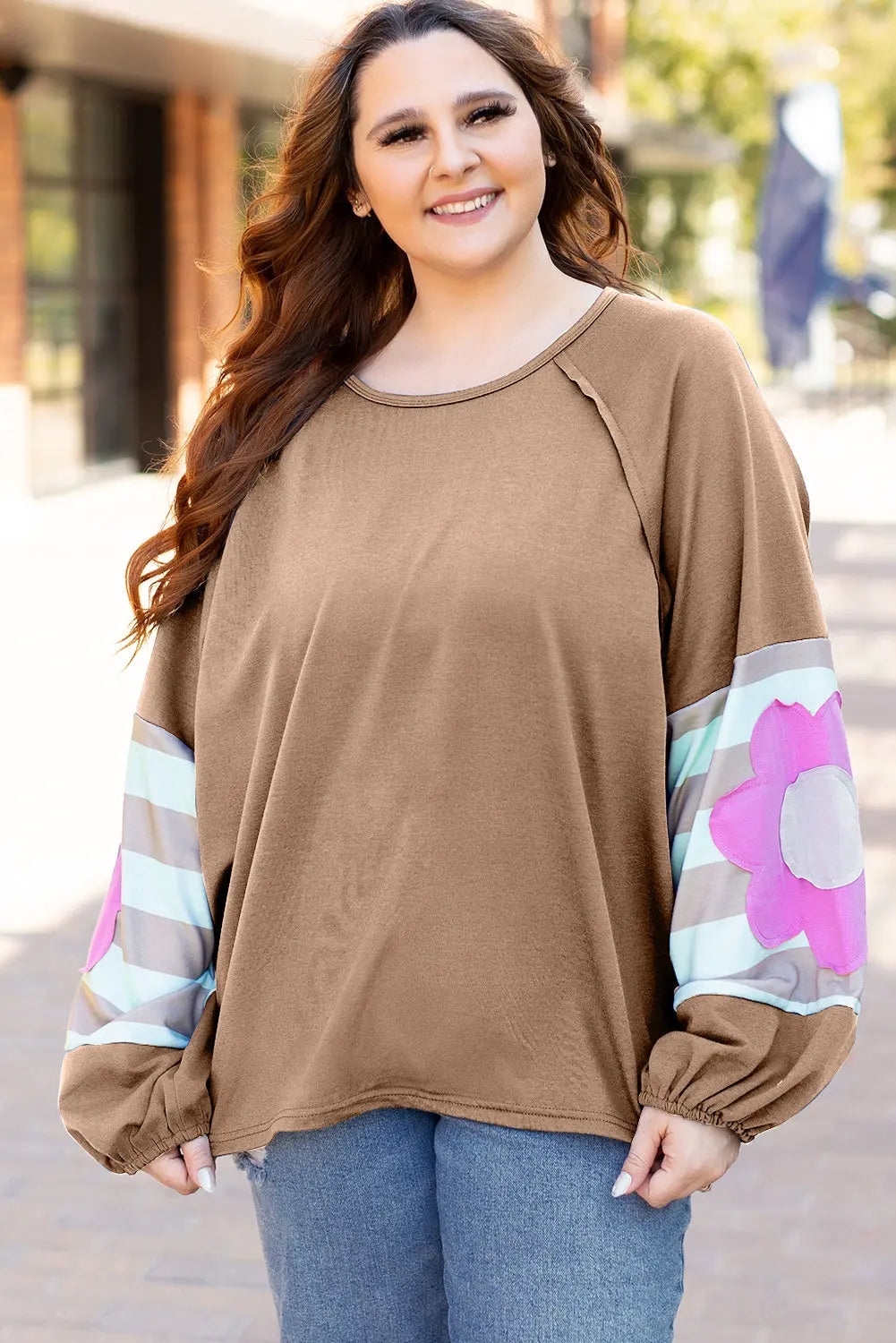 Flower Patchwork Raglan Sleeve Exposed Seam Oversized Top eAura