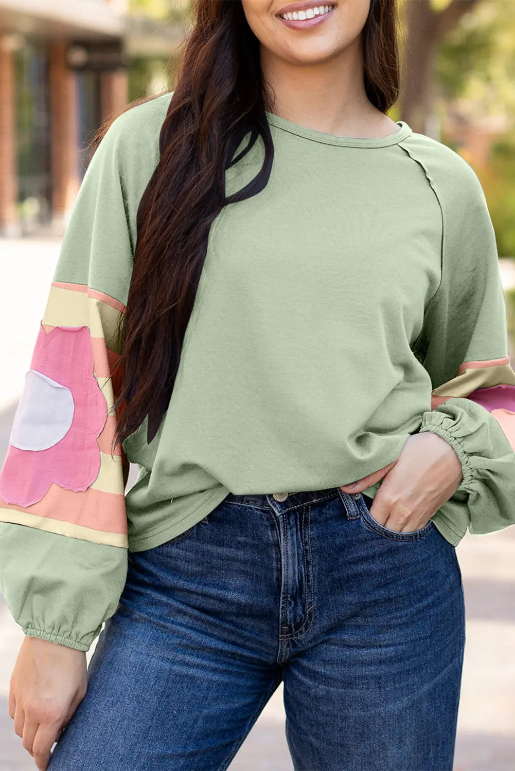 Flower Patchwork Raglan Sleeve Exposed Seam Oversized Top eAura