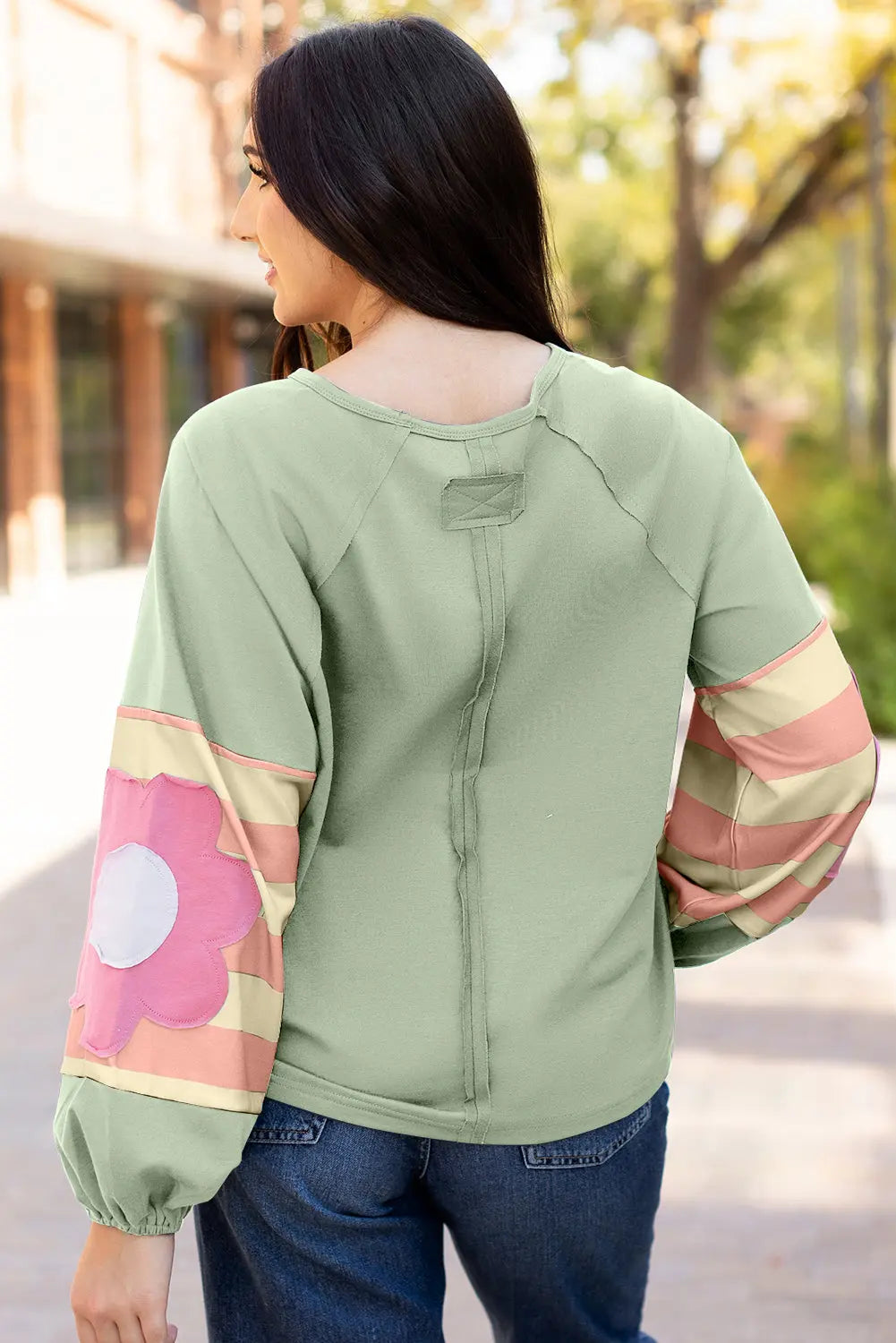 Flower Patchwork Raglan Sleeve Exposed Seam Oversized Top eAura
