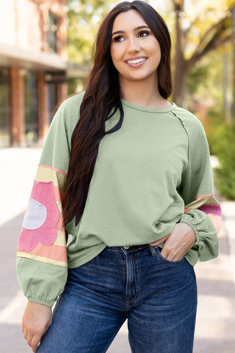 Flower Patchwork Raglan Sleeve Exposed Seam Oversized Top eAura