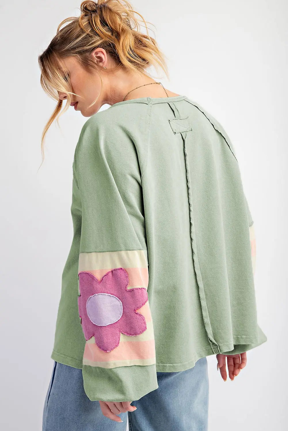 Flower Patchwork Raglan Sleeve Exposed Seam Oversized Top eAura