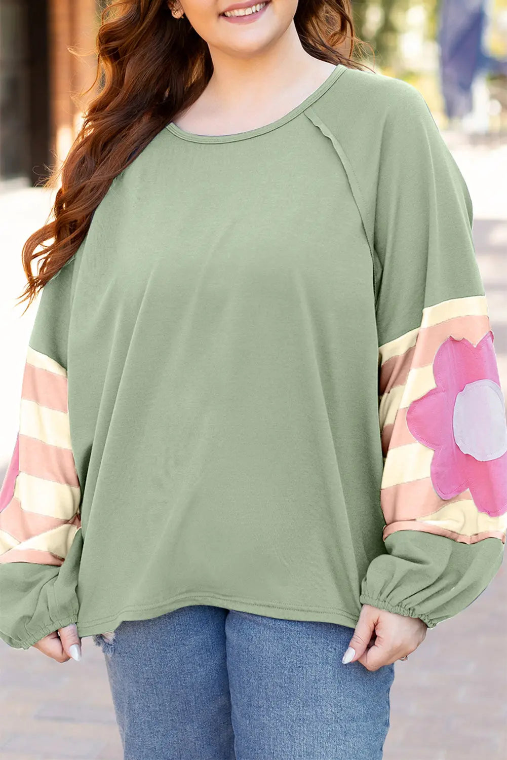 Flower Patchwork Raglan Sleeve Exposed Seam Oversized Top eAura