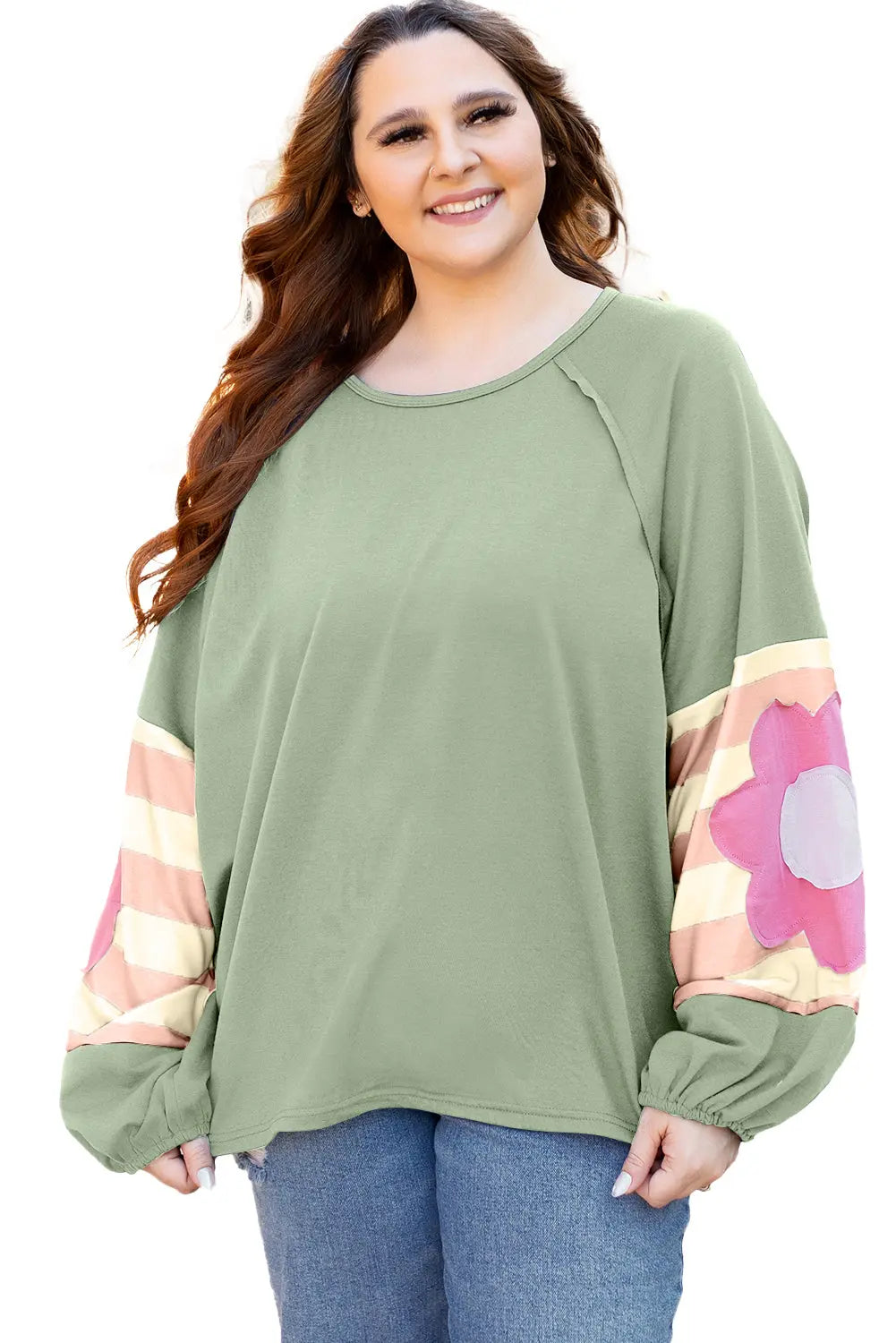 Flower Patchwork Raglan Sleeve Exposed Seam Oversized Top eAura