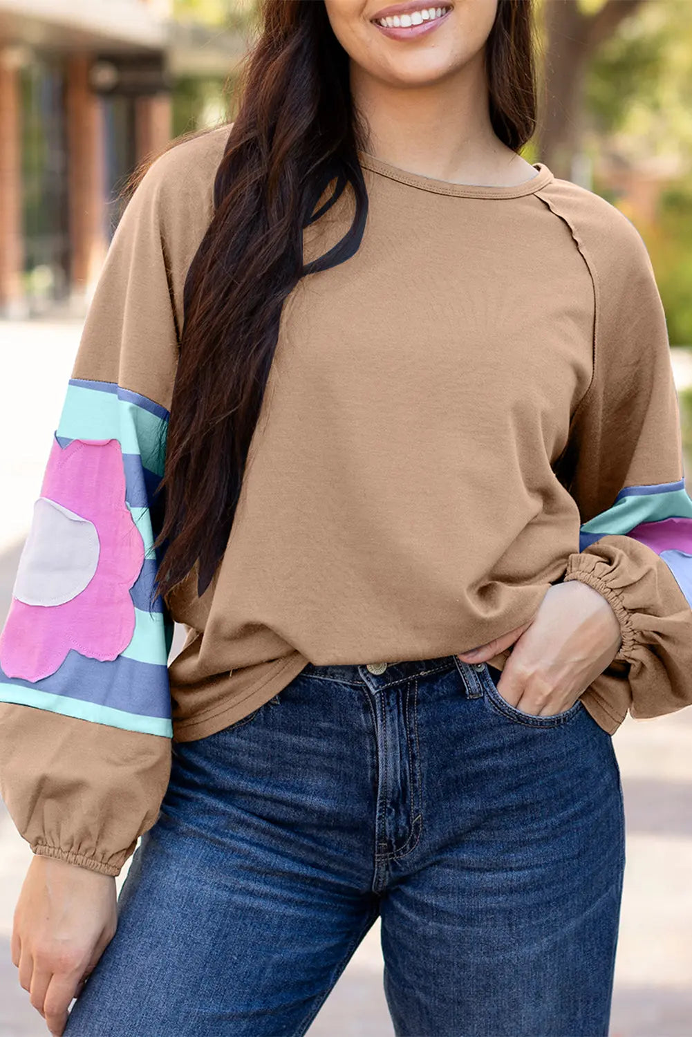 Flower Patchwork Raglan Sleeve Exposed Seam Oversized Top eAura