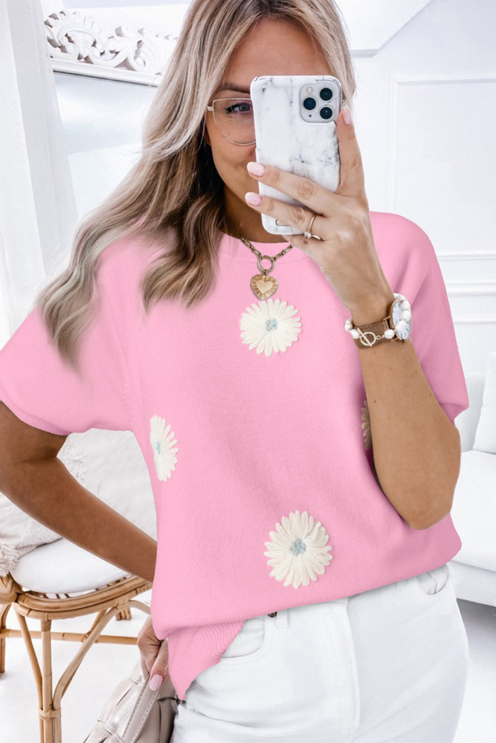 Flower Pattern Short Sleeve Knitted Top - eAura